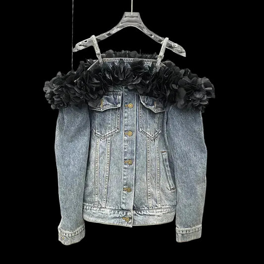 Denim Faded Light Blue Irregular Washed Black Rose Flower Trim Off-the-Shoulder Women's Double Pocket Design Jean Jacket