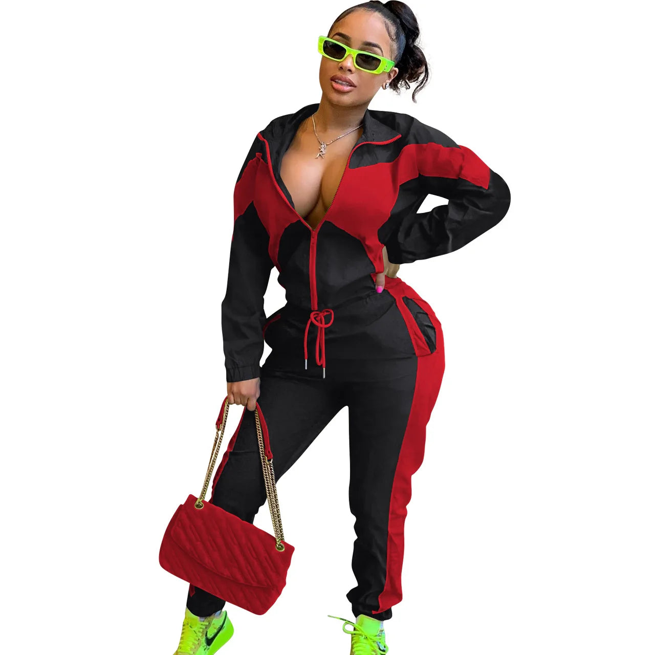 Women's Turn-Down Colorblock Zipper Jacket + Elastic Waist Sweatpants Tracksuit