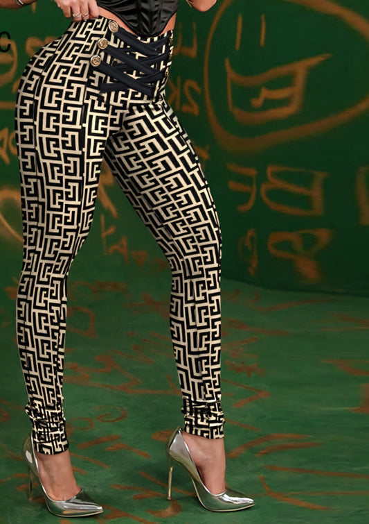Criss-Cross Geometric Print Lace-Up Skinny Women's Skin Tight Pencil Pants