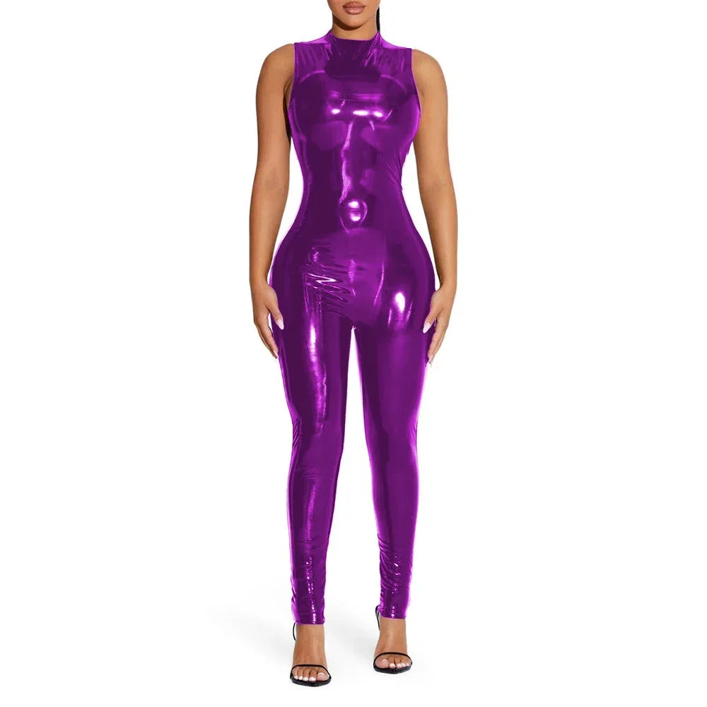 Shiny Solid Color Sleeveless PVC PU Leather Women's Pants Jumpsuit