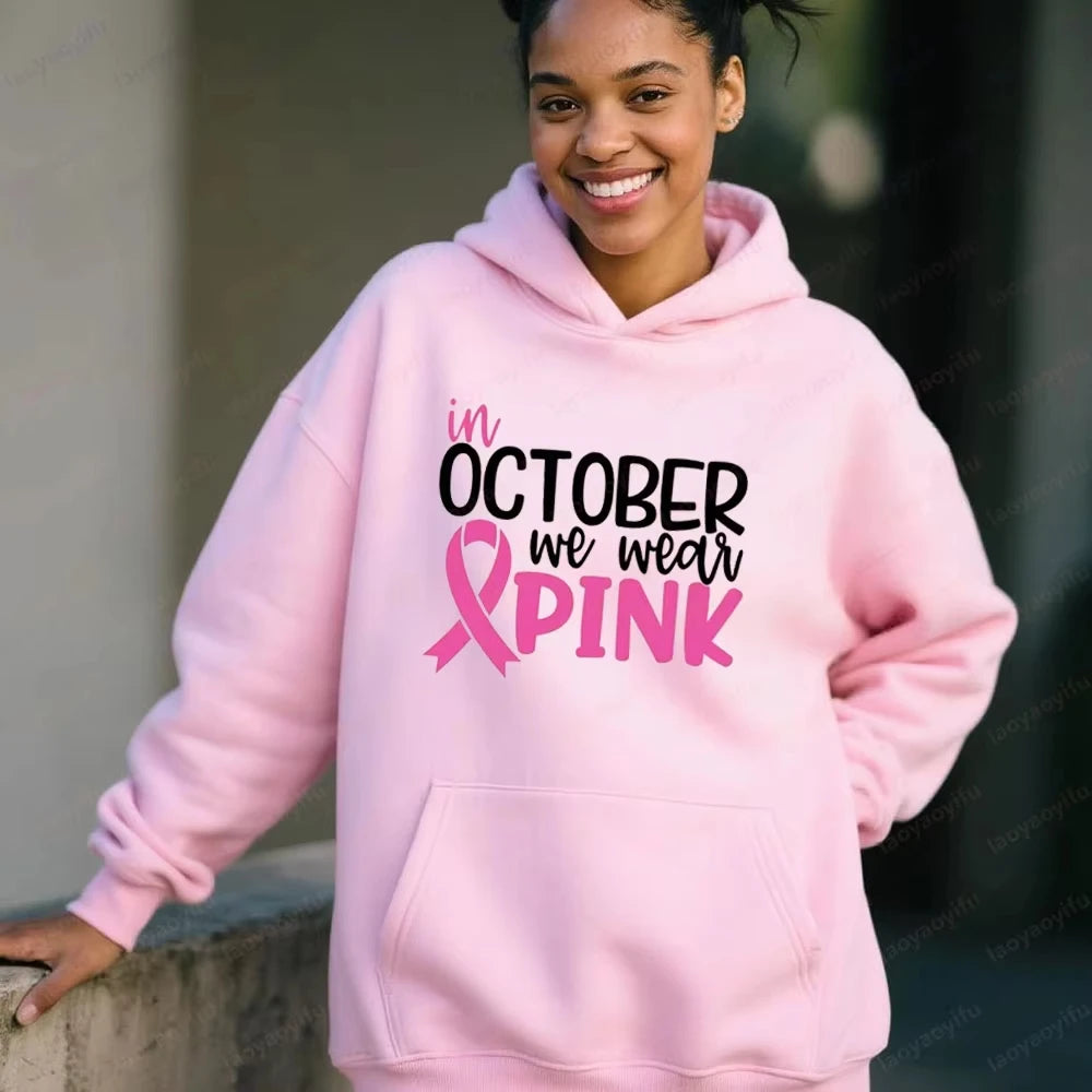 "In October We Wear Pink" Breast Cancer Awareness Long Sleeve Women's Hoodie Sweatshirt to 3X Plus Size