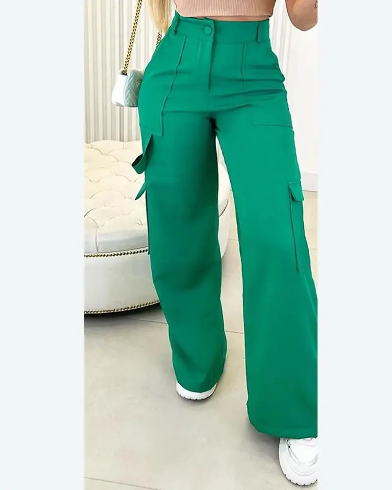 Solid Color Button Fly Women's Multi-Pocket Cargo Streetwear Pants