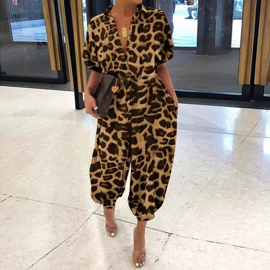 Leopard Short Sleeve Print V-Neck Turn-Down Collar Elastic Waist Jumpsuit