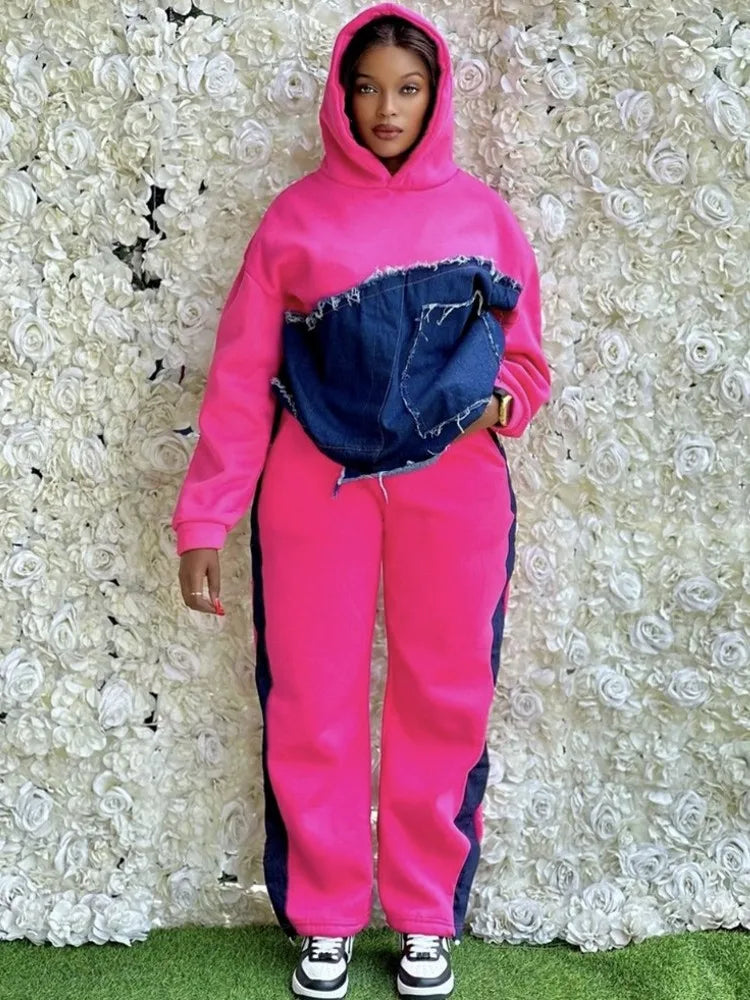Denim Colorblock Spliced Irregular Patchwork Design Women's Hoodie Sweatshirt + Side Striped Sweatpants Tracksuit