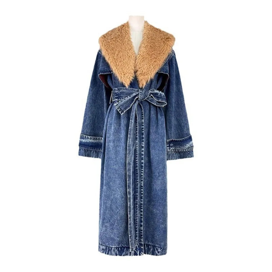 Women Denim Trench Coat Long Jacket Windbreaker Detachable Fur Collar Lace Up Outerwear Washed High Street Autumn Winter 2025