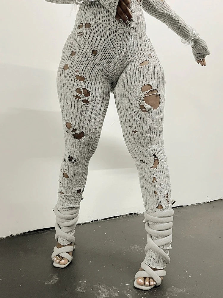 Knitted Skinny Streetwear Ripped Hole Pattern Women's Elastic Long Sleeve Jumpsuit