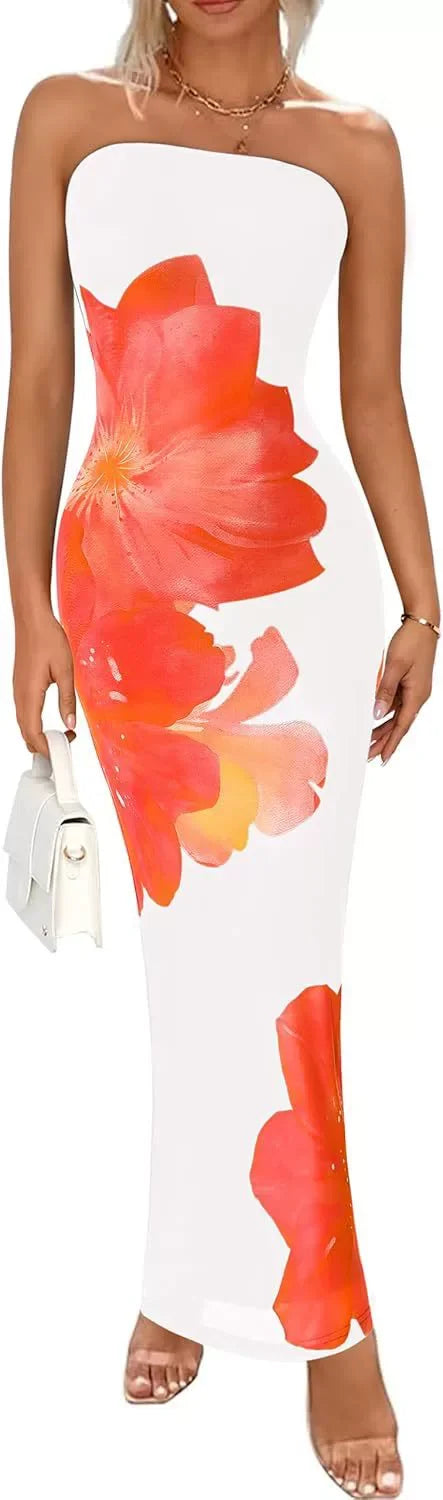 Sleeveless Big Flower Print Bodycon Skinny Maxi Tube Dress