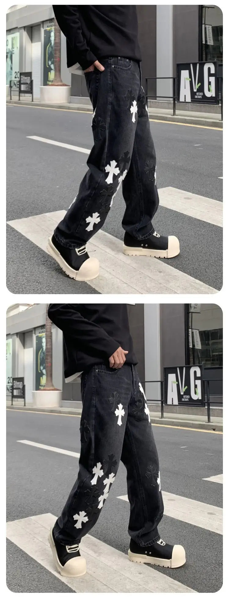 Men's Denim Black Cross Print Streetwear Mid-Rise Straight Leg Wide Leg Jeans