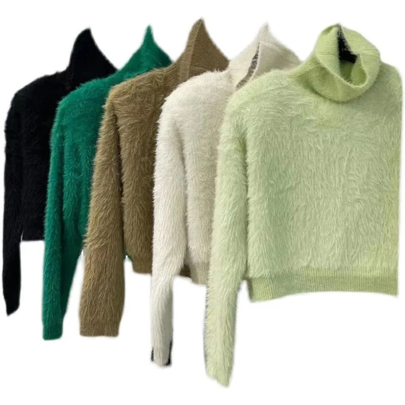 Furry Pullover Women's Turtleneck Fluffy Solid Loose Long Sleeve Sweater