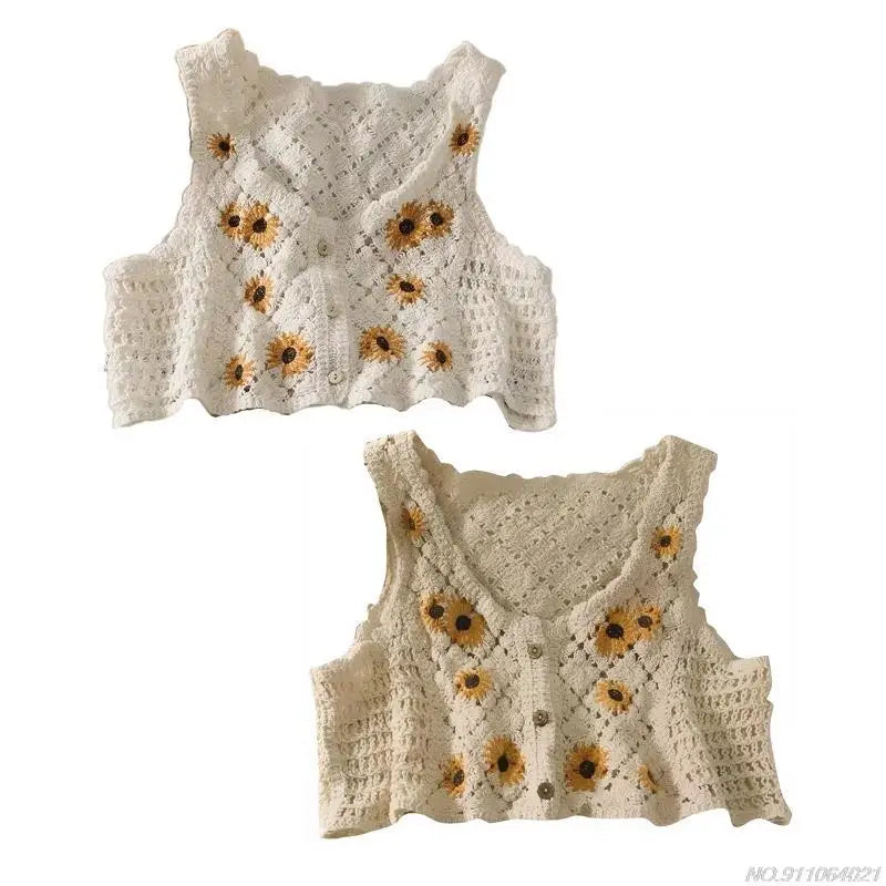 Crochet Multi-Colored Square Flower Design Knitted Square Neck Women's Sleeveless Cropped Tank Top