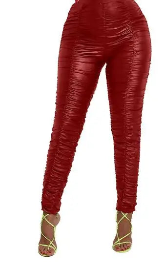 Faux Leather Stacked Ruched Ladies Pants