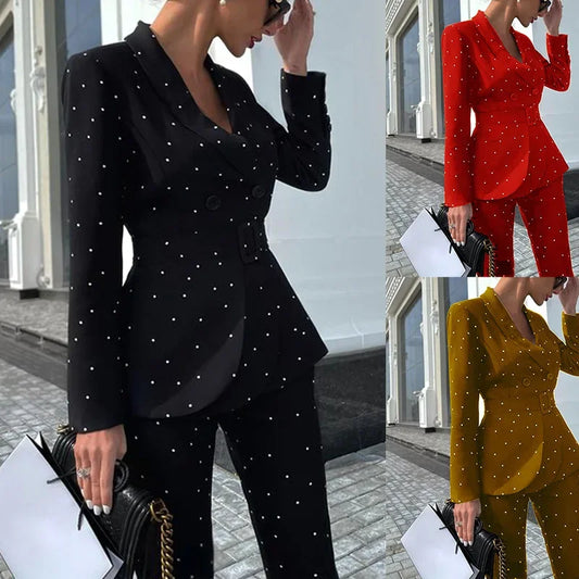 Polka Dot Long Sleeve Solid Blazer Jacket + Trouser Pants Women's Business Suit w/ Belt