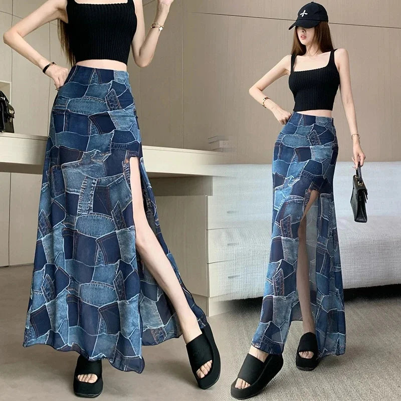 Colorblock Plaid Faux Denim Print High Slit A-Line Maxi Skirt