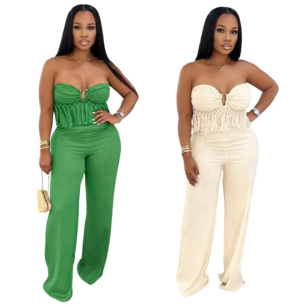 Tassel Fringe Design Strapless Sleeveless Tube Top Solid Color Women's Jumpsuit