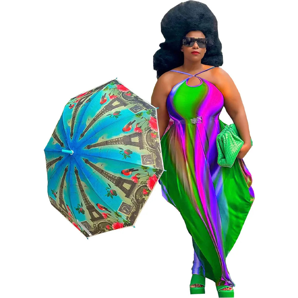 Rainbow Striped Colorblock Ruched Ruffled Sleeveless Print Harem Maxi Dress to 5X Plus Size