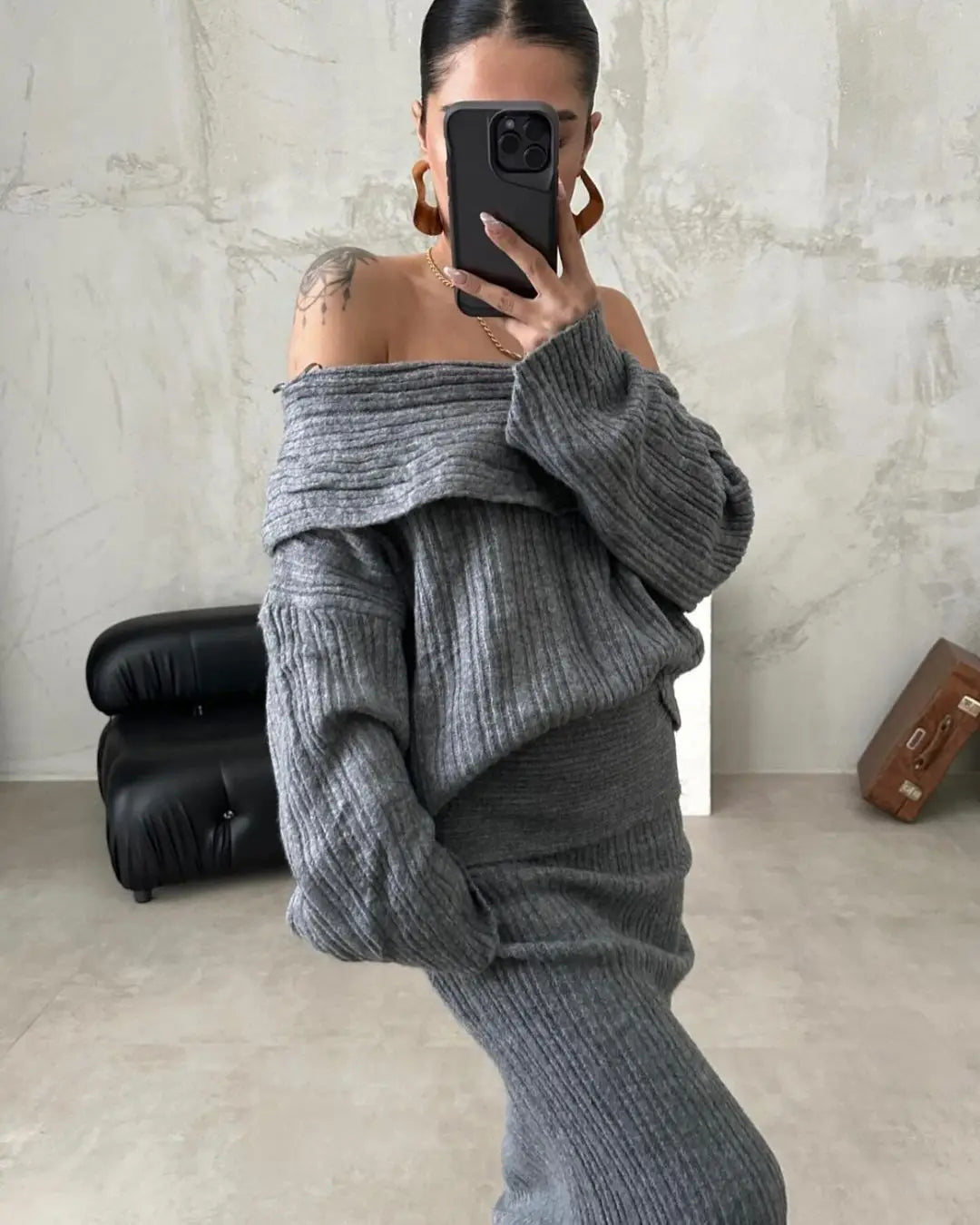 Off-the-Shoulder Women's Sweater + Solid Knitted Maxi Skirt Two-Piece Sweater Set