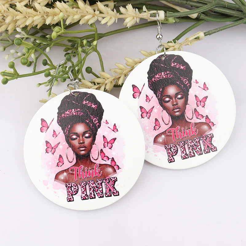 Round Pink Breast Cancer Wooden Earrings