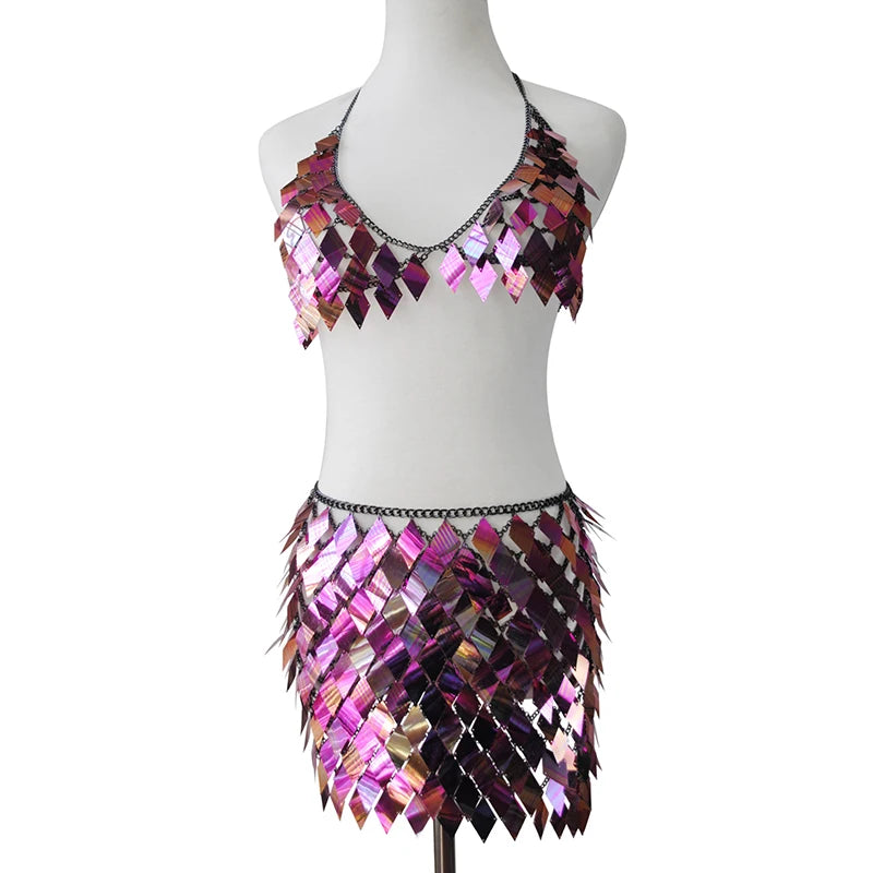 Metallic Sequined Geometric  Bikini Crop Top + Mini Skirt Handcrafted Party Women's 2-Piece Set