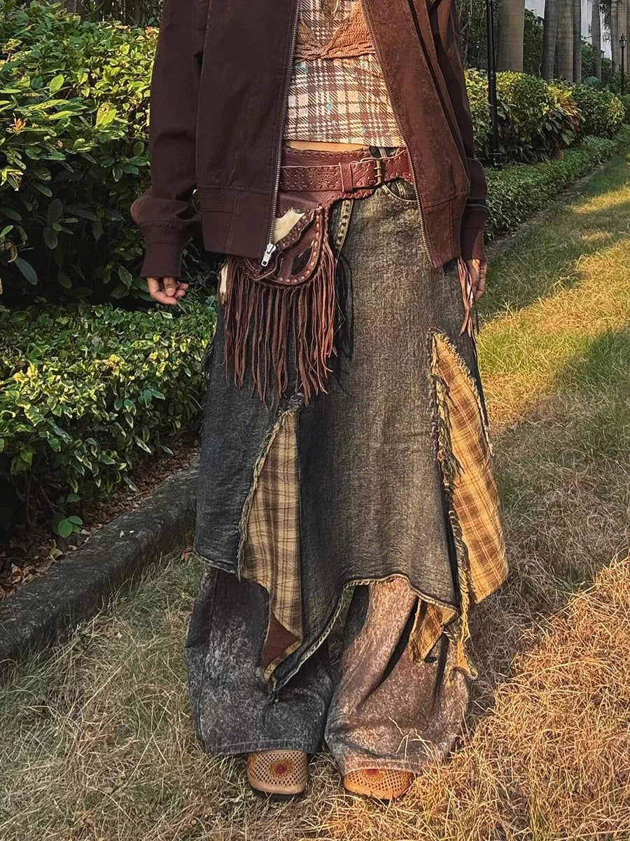 Plaid Retro Denim Blue Ombre Asymmetrical Tartan Stitch Overlay Streetwear Jean Maxi Skirt