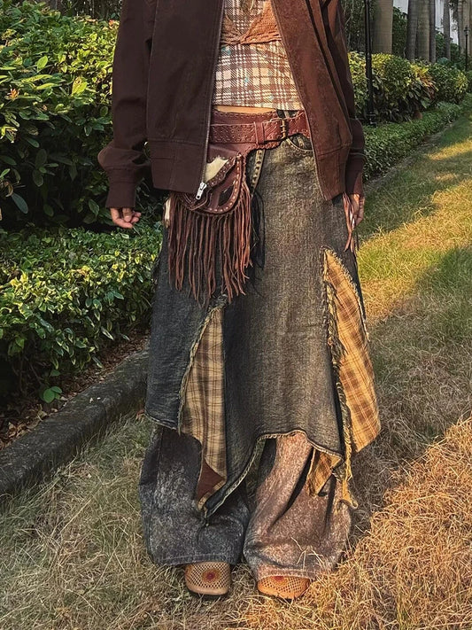 Plaid Retro Denim Blue Ombre Asymmetrical Tartan Stitch Overlay Streetwear Jean Maxi Skirt