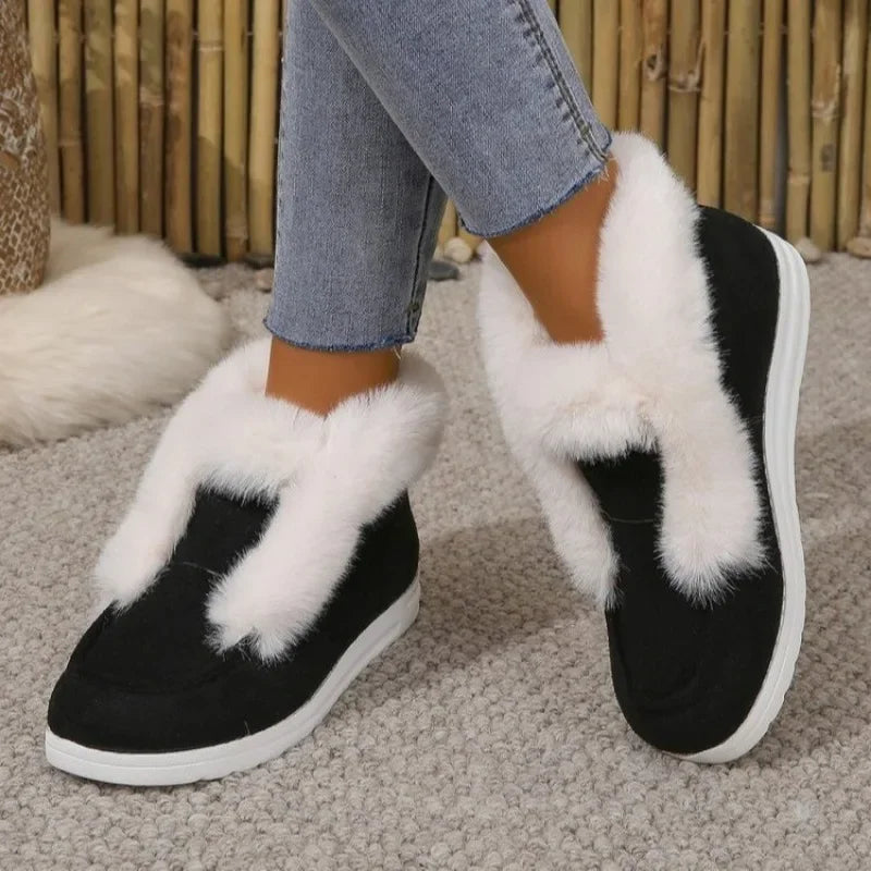 Canvas Plush Cotton Lined Slip-On Flat Women's Ankle Snow Boots