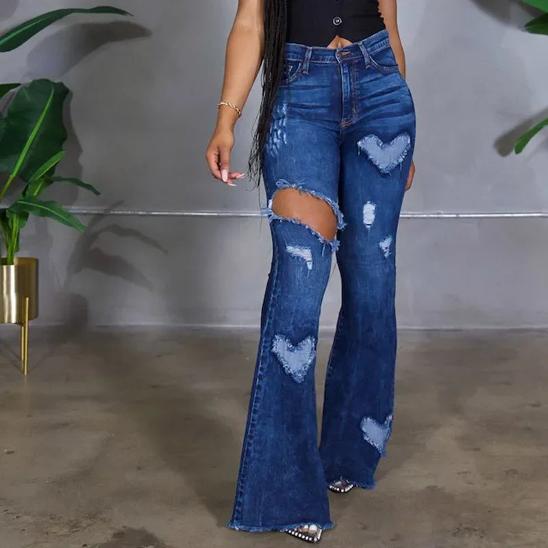 Denim Heart Print Ripped Hollow-Out Hole Design Streetwear Women's Wide Leg Bootcut Jeans