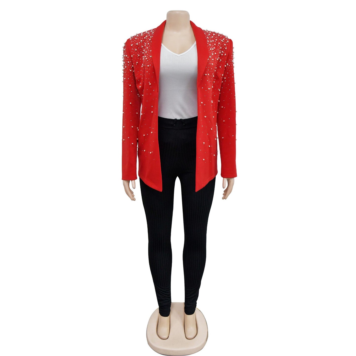 Rhinestone Solid Pearl Beaded Ladies Blazer