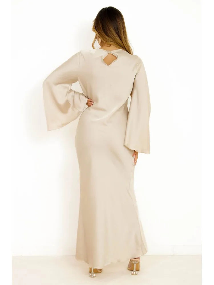 Satin Solid Flared Long Sleeve Maxi Dress