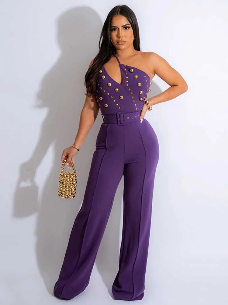 Stud Hollow-Out Design Sleeveless Asymmetrical One Shoulder Women's Backless Party Jumpsuit