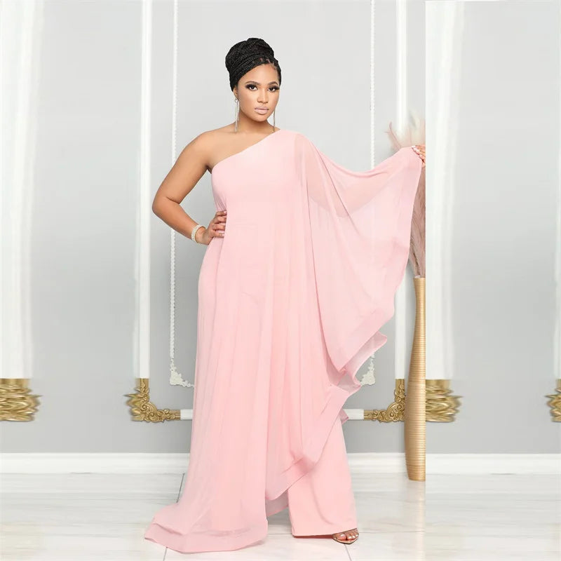 Asymmetrical Solid Color Oversized Chiffon One Shoulder Wide Leg Formal Jumpsuit to 3X