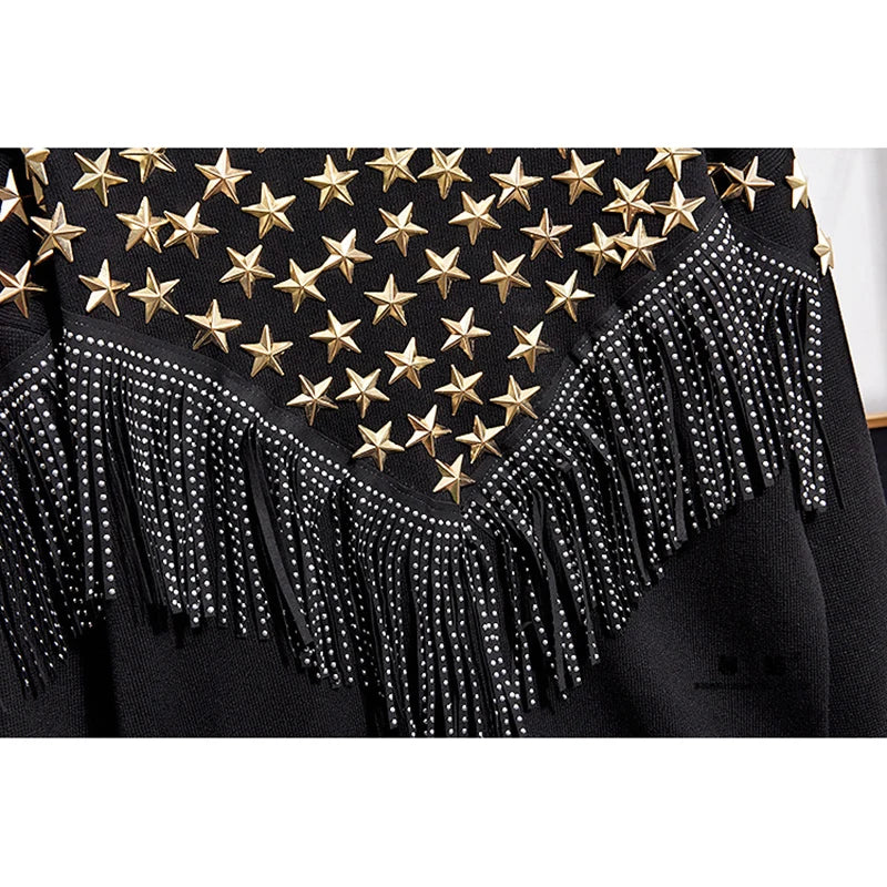 Western Metallic Star Beaded Tassel Knitted Pullover O-Neck Sweatshirt + Women's Sweatpants Tracksuit