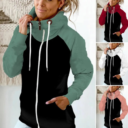 Colorblock Drawstring Thermal Patchwork Women's Zipper Fleece Hoodie Jacket to 3X Plus Size