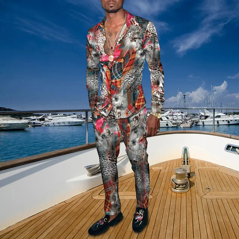 Men's Casual 3D Print Long Sleeve Dress Shirt - Pants Matching 2-Piece Sets