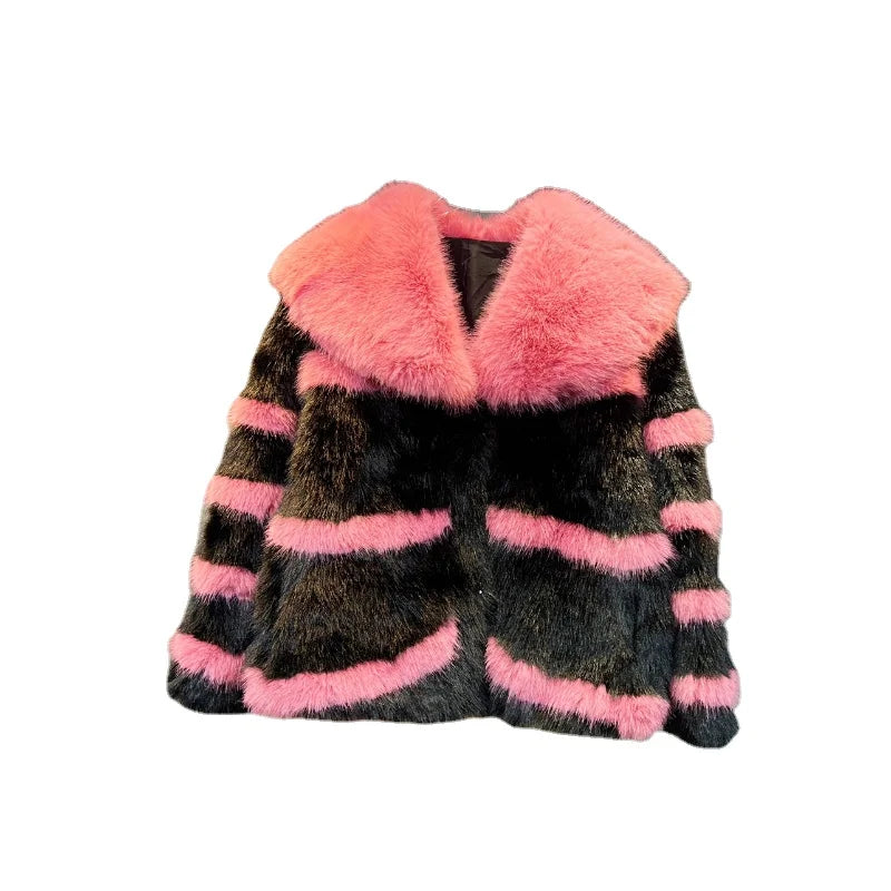 Faux Fur Pink/Black Colorblock Striped Big Collar Short Jacket