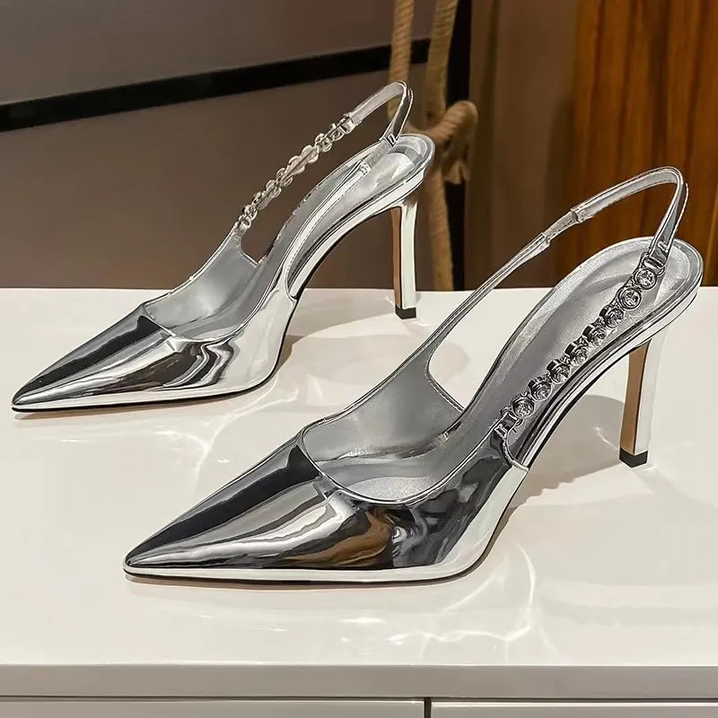 Metallic Slingback Crystal Sandals Pointed Toe Stiletto Heel Mule Pumps