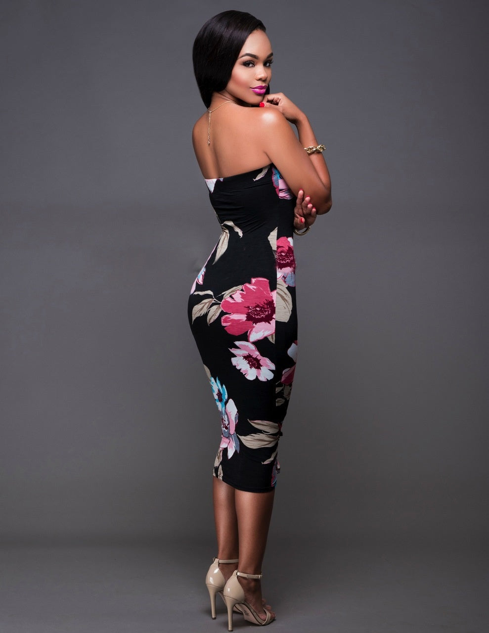 Sleeveless Black Flower Print Bodycon Skinny Midi Tube Dress