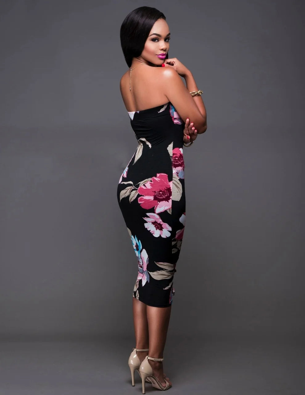 Sleeveless Black Flower Print Bodycon Skinny Midi Tube Dress