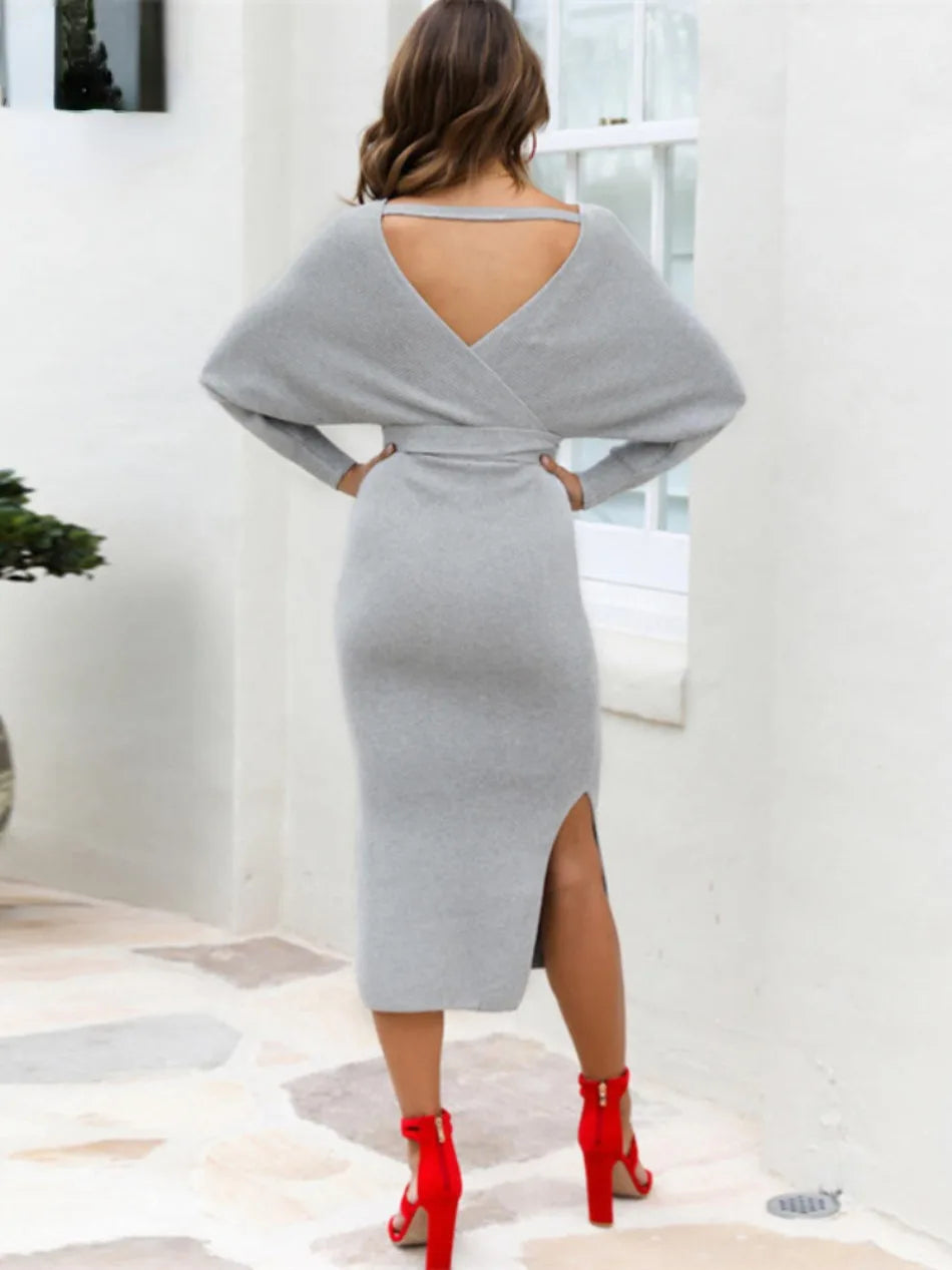 Off-the-Shoulder V-Neck Solid Long Batwing Sleeve Lace-Up High Slit Knitted Sweater Dress