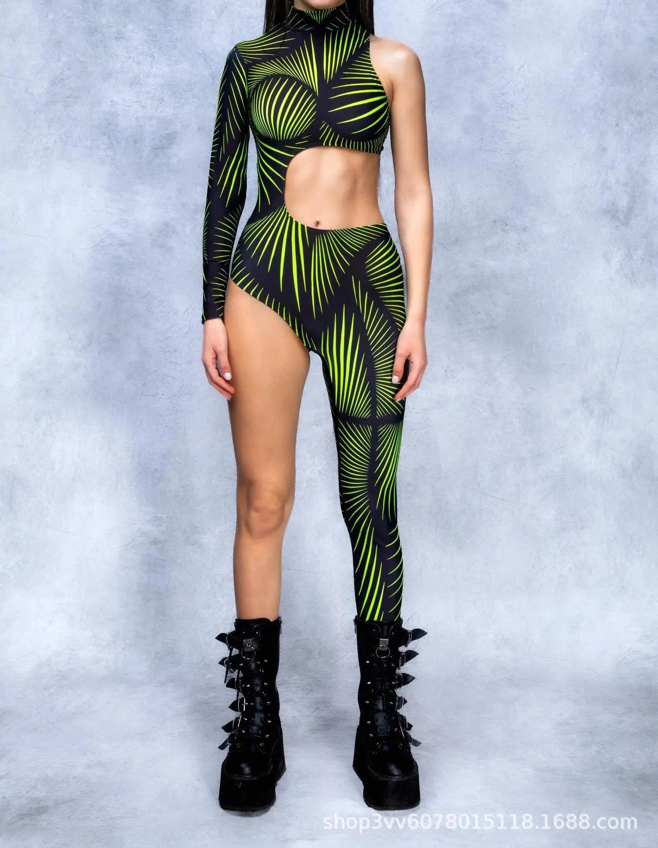 Irregular Asymmetrical One Sleeve Rainbow Geometric Striped Floral Hollow-Out 3D Print One Leg Jumpsuit to 3X Plus Size