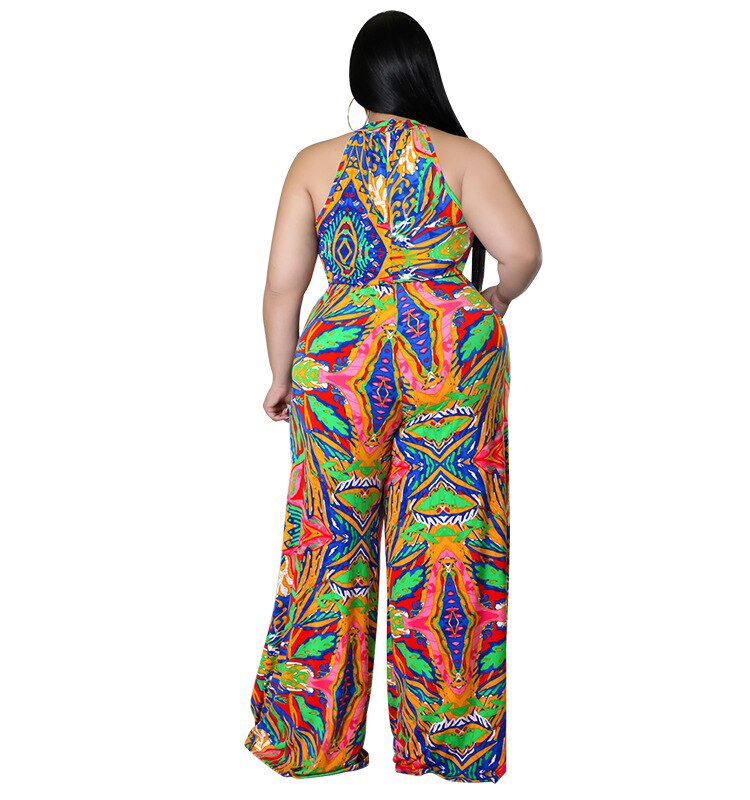 African Print Sleeveless Printed Wide Leg Jumpsuit w/ Sash Belt to 5X Plus Size