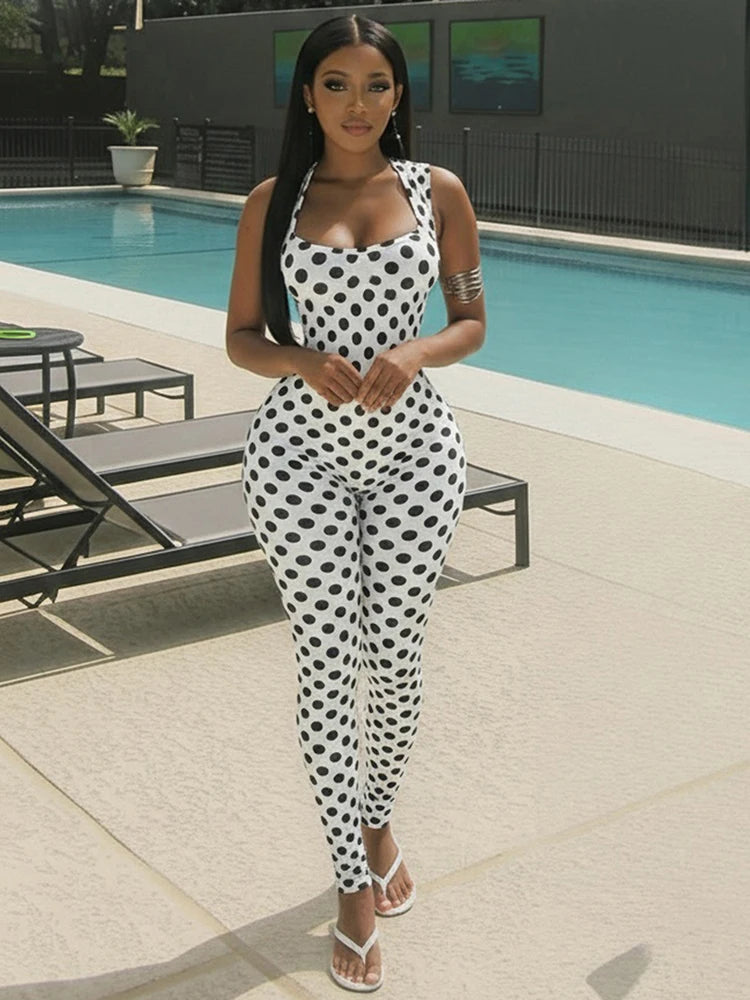 Black/White Polka Dot Print Backless Sleeveless Square Neck Women's Skinny Jumpsuit