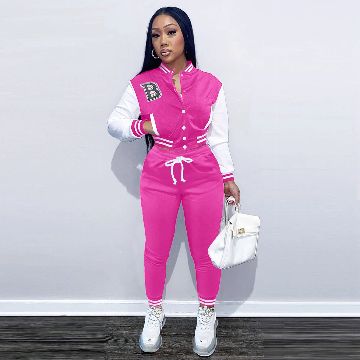 Striped Women's O-Neck Varsity Crop Letterman's Baseball  Bomber Jacket + Matching Sweatpants Tracksuit