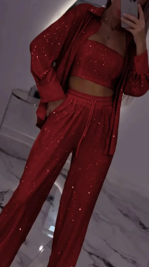 Sparkling Glitter Sequin Women's Fitness Zipper Jacket w/ Matching Tube Top+ Elastic Waist Sweatpants Women's 3-Piece Tracksuit to 3X Plus Size