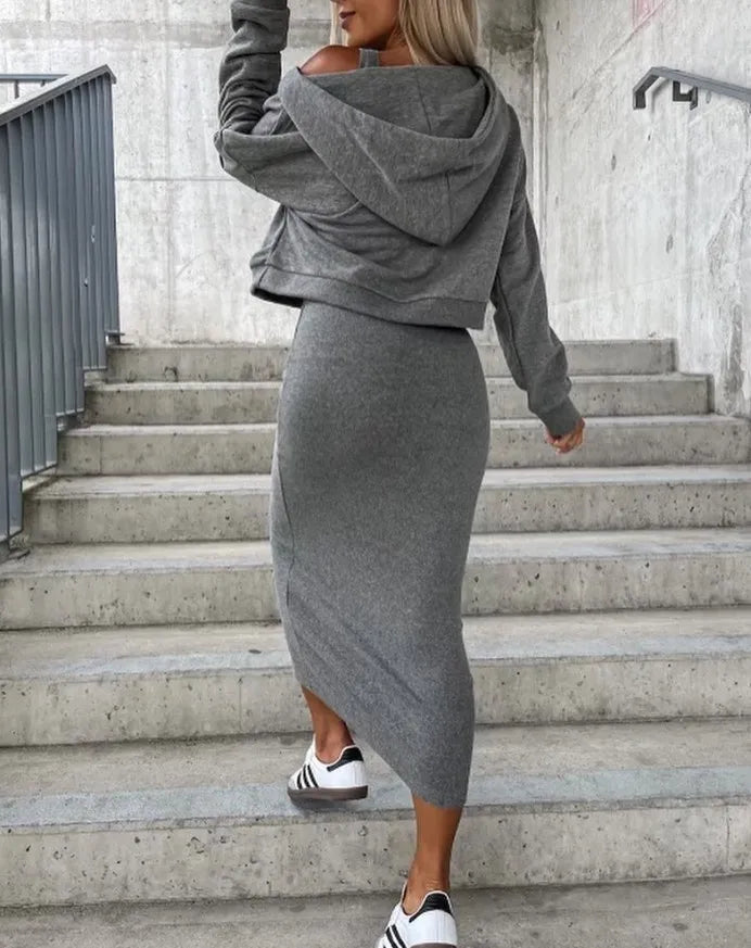 "NOPE NOT TODAY"/Colorblock Plaid/Solid Color Off-the-Shoulder Long Batwing Sleeve Sweatshirt + Skinny Knitted Maxi Skirt 2-Piece Set