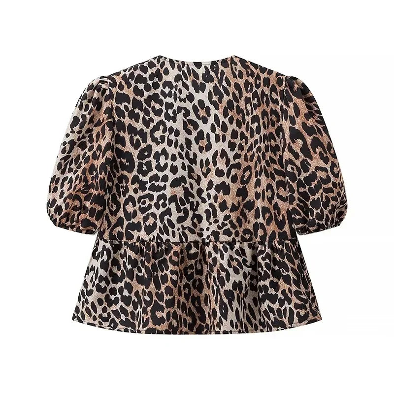 Leopard Print Cross-Tied Ruffled Ruched Balloon Sleeve Women's Short Sleeve Blouse