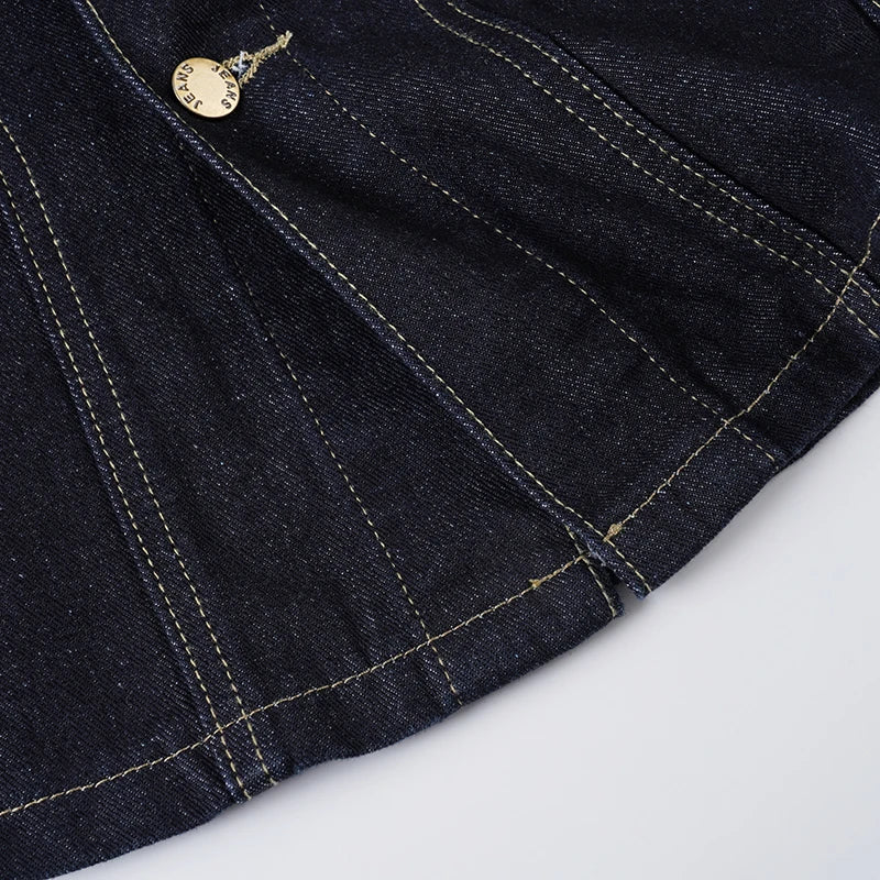 Denim Dark Blue Gold Button Detail Long Sleeve Turn-Down Collar Solid Color Women's Jean Jacket