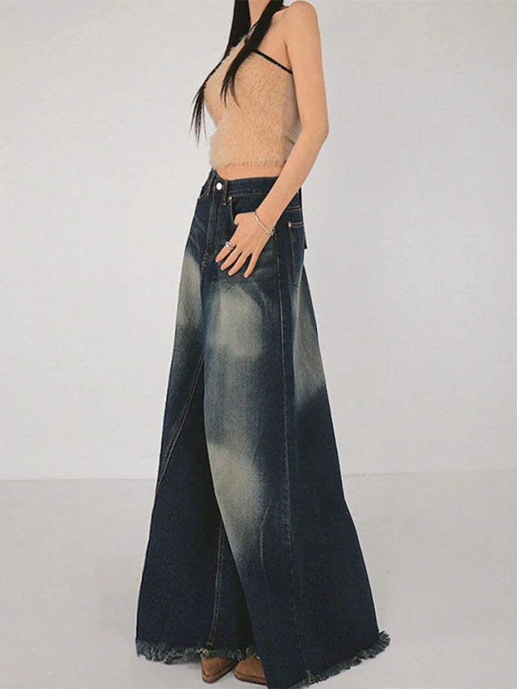 Denim Faded Colorblock Oversized Washed Blue A-Line Vintage Aesthetic Cowgirl Maxi Overlay Jean Skirt