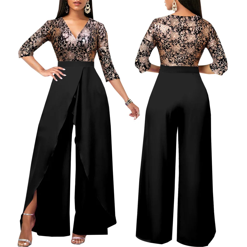 Metallic Floral Long Sleeve V-Neck Women's Wide Leg Pants Evening Party Jumpsuits