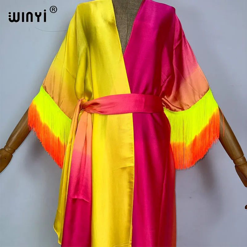 Colorblock Striped Oversized Gradual Fringe Printed Kimono Dress