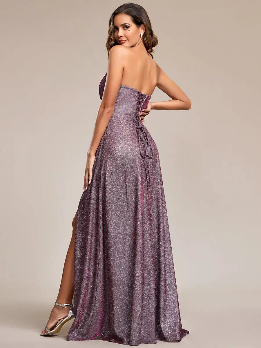 Metallic Deep V-Neck High Slit Pleated Prom/Party/ Bridesmaid Formal Maxi Dress